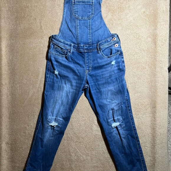 Abercrombie Kids Girls 15/16 Blue Denim Distressed Overalls Long Leg Jeans - Picture 1 of 10